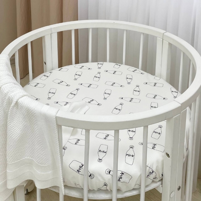 Husa saltea rotunda patut bebe copii cu elastic, Milk (4)